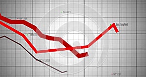 Image of red lines and financial data processing over grid