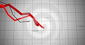 Image of red lines and financial data processing over grid