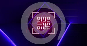 Image of red neon qr code, blue lights and data processing on black background