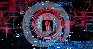 Image of red padlock icon over digital network with binary code background