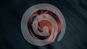 Image of red three-headed dragon twisted into circle on background of developing black flag. Animation. Emblem of house