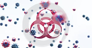 Image of a red virus sign and macro Covid-19 cells floating on white background with a DNA icon