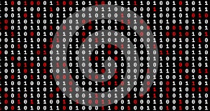Image of red and white binary coding moving on black background