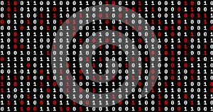 Image of red and white binary coding moving on black background