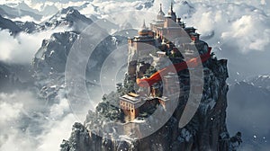 The image reference shows a temple on a mountaintop. The temple is surrounded by snow-capped mountains and clouds. The image is