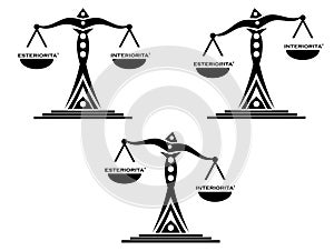 Scales with words, exteriority and interiority, black and white, isolated. photo