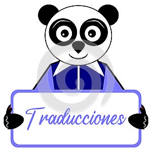 Panda with placard, translations, spanish word, isolated. photo