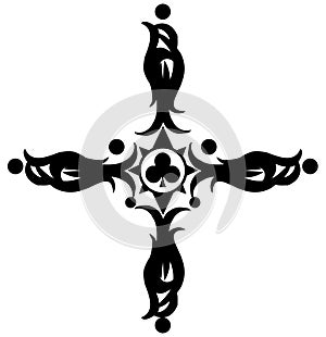 Cross decorated with clubs, black and white, patterned, isolated. photo