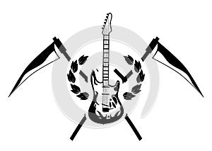 Guitar with sickles, black and white, music, isolated. photo