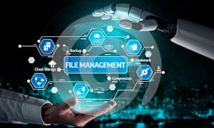 Futuristic Concept of File Management with AI and Cloud Storage Integration, Emphasizing Security, Backup, and Data