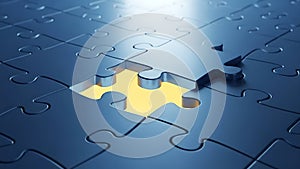 Missing puzzle piece concept with a glowing yellow background
