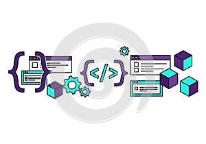 Web Development Process Illustration, Coding and Browser Windows