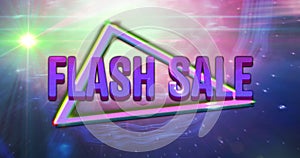 Image of retro flash sale purple text with neon triangles on glowing pink to purple background