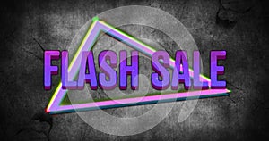Image of retro flash sale purple text with neon triangles on grey distressed background
