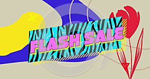 Image of retro flash sale text over zebra print blue banner and red flower in background