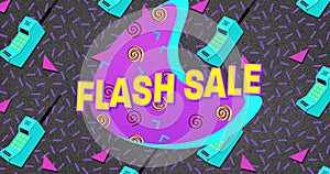 Image of retro flash sale text on pink and blue patterned splodge with retro mobile phones
