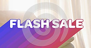 Image of retro flash sale text with rainbow shadow over sofa in sunny room