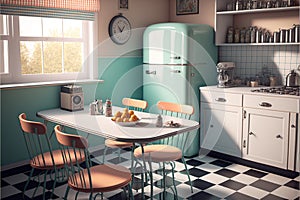 Image of retro kitchen and dining table interiors, created using generative ai technology