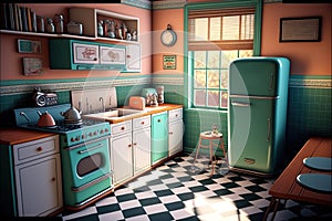 Image of retro kitchen interiors, fridge and dining table, created using generative ai technology