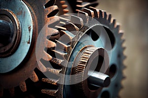 Image of retro metallic gears with texture. Humanly enhanced AI Generated image