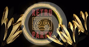 Image of retro party text and radio icon over leaves and neon circles on black background