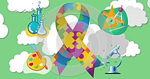 Image of ribbon formed with puzzles over education icons with clouds on green background