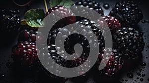 Image of ripe blackberries seamless background visible drops of water generative AI