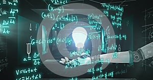 Image of robot\'s arm, mathematical formulae and scientific data processing over grey background