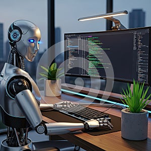 Robot working on computer