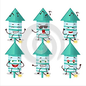 An image of rocket firework green dancer cartoon character enjoying the music