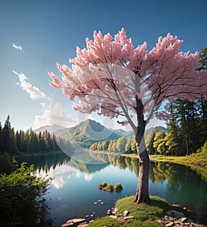 Image of a romantic landscape, with a lake and a tree with pink flowers