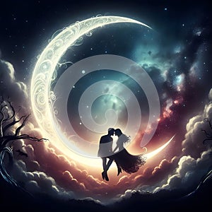 image of romantic love couple sitting on a crescent moon at magical night fantasy environment.