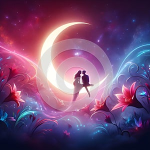 image of romantic love couple sitting on a crescent moon at magical night fantasy environment.