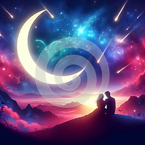 image of romantic love couple sitting on a crescent moon at magical night fantasy environment.