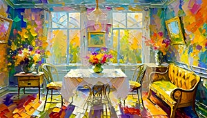 Image of a room with chairs, table and plants in an impressionist style painting