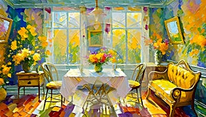 Image of a room with chairs, table and plants in an impressionist style painting