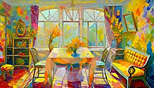 Image of a room with chairs, table and plants in an impressionist style painting