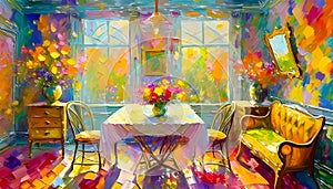 Image of a room with chairs, table and plants in an impressionist style painting