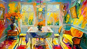 Image of a room with chairs, table and plants in an impressionist style painting