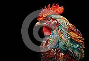 Image of a rooster head that is intricately crafted in three dimensions. Farm animals. Illustration, Generative AI