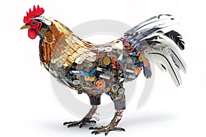 Image of a rooster modified into a robot on a white background. Farm animals. illustration, generative AI