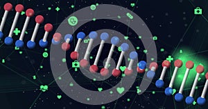 Image of rotating 3d dna strand, with network of green icons on black