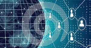 Image of rotating global network over network of people icons on blue background photo