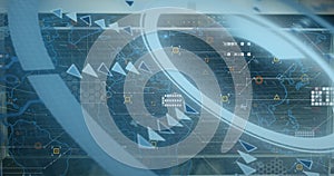 Image of round scanner and data processing over world map against blue background