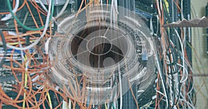 Image of round scanner and data processing and round scanner over close up of a computer server