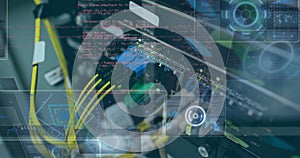 Image of round scanners and data processing against close up of a computer server