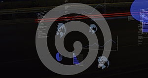 Image of round scanners and data processing against time-lapse of city traffic at night