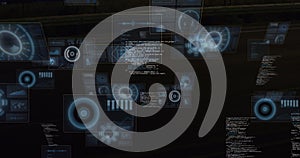 Image of round scanners and data processing against time-lapse of city traffic at night