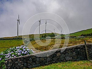 Image of a row of wind mills during unsettled weather