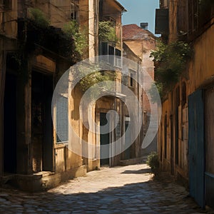 image of the run down part of the old,unknown,inner city,narrow,winding streets and dilapidated buildings.